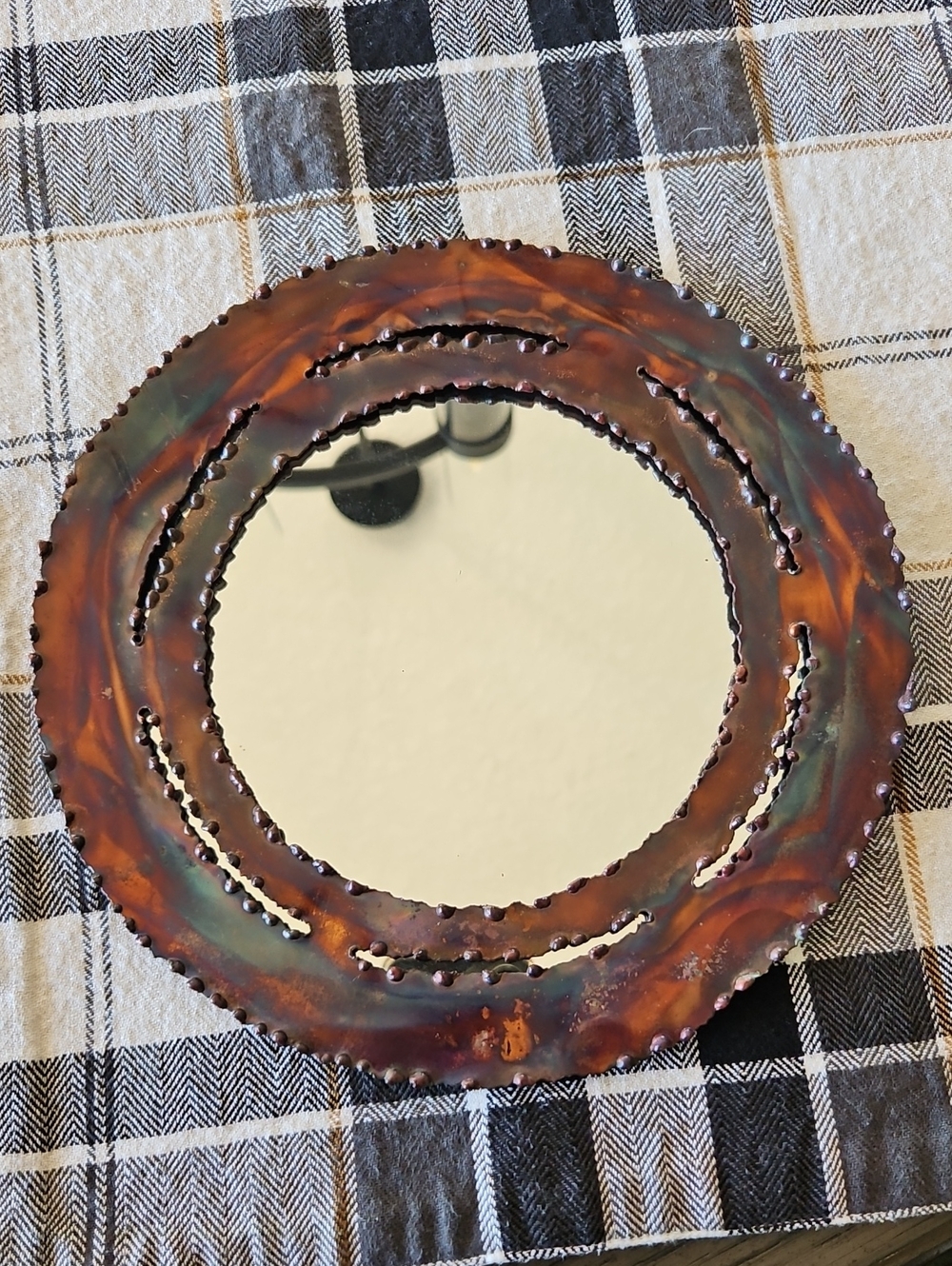 Vintage Mid Century Brutalist Torch Cut Metal Mirror 8.5"